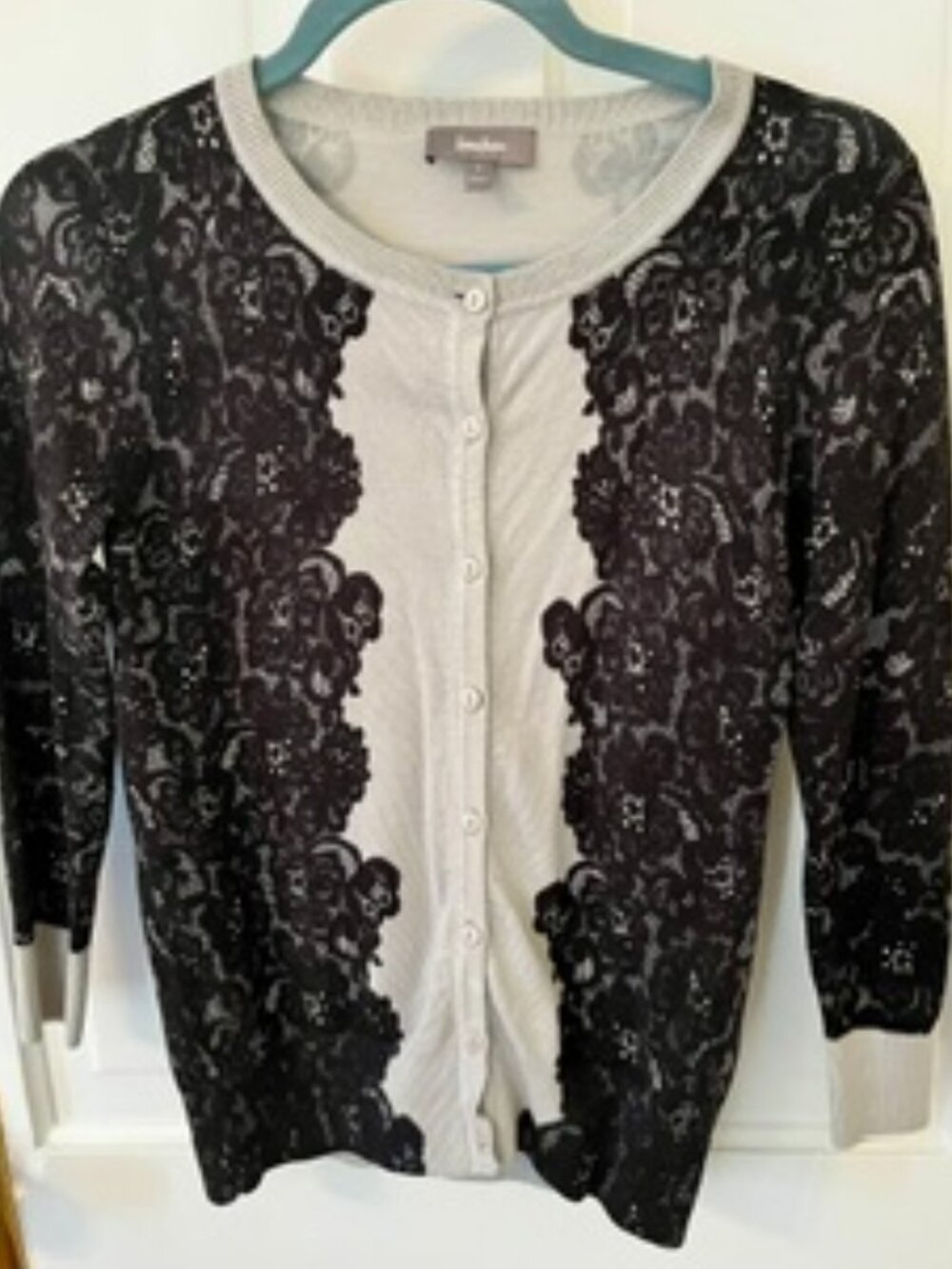 Neiman Marcus Grey Black Lace Print Cardigan, Size Small